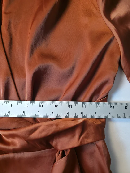 Maggy London Rust Satin Wrap Dress Size 10 Elegant Tie Waist Midi Long Sleeve - Picture 7 of 10